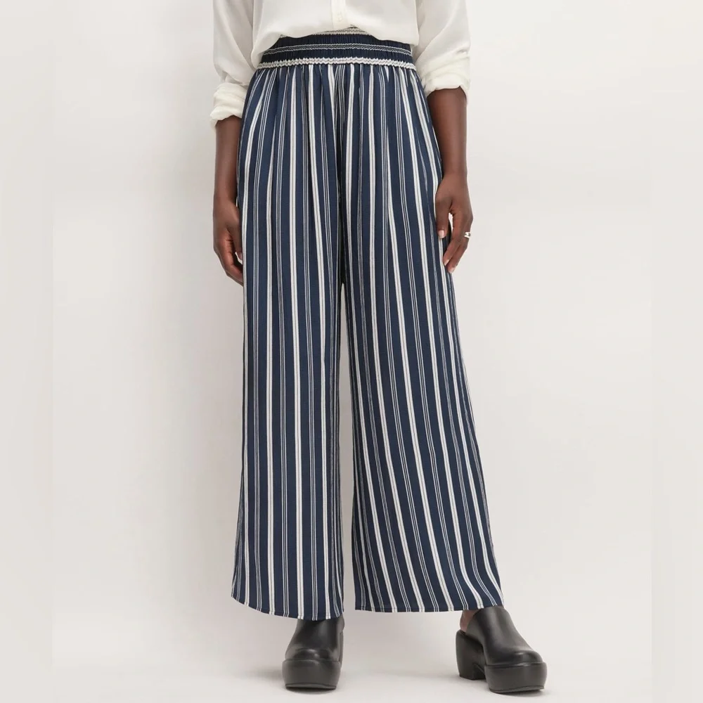 Everlane New Size XS Viscose Satin Wide Leg Pull On Pant‎ Blue White Stripes